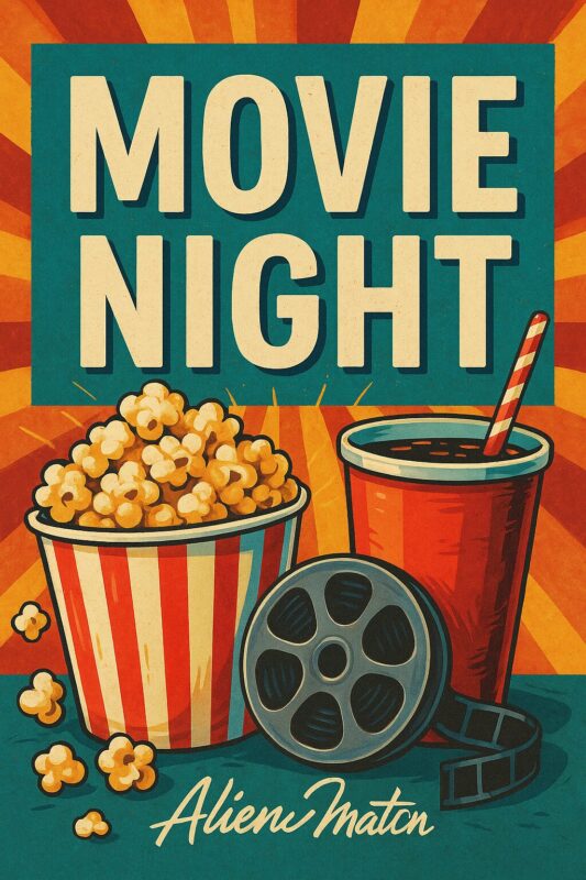 Plakat med teksten 'Movie Night', popcorn, sodavand og en filmrulle i retrostil.