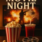 En skål med popcorn, en sodavand og en filmrulle foran en skærm med en filmvisning.