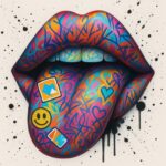 Graffiti-inspirerede læber med farverige mønstre og symboler som hjerter og smileys.