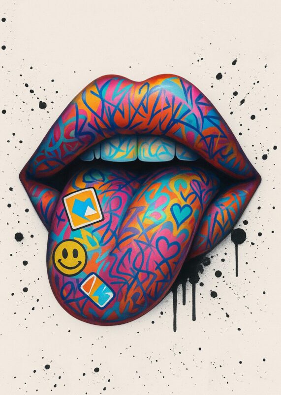 Graffiti-inspirerede læber med farverige mønstre og symboler som hjerter og smileys.