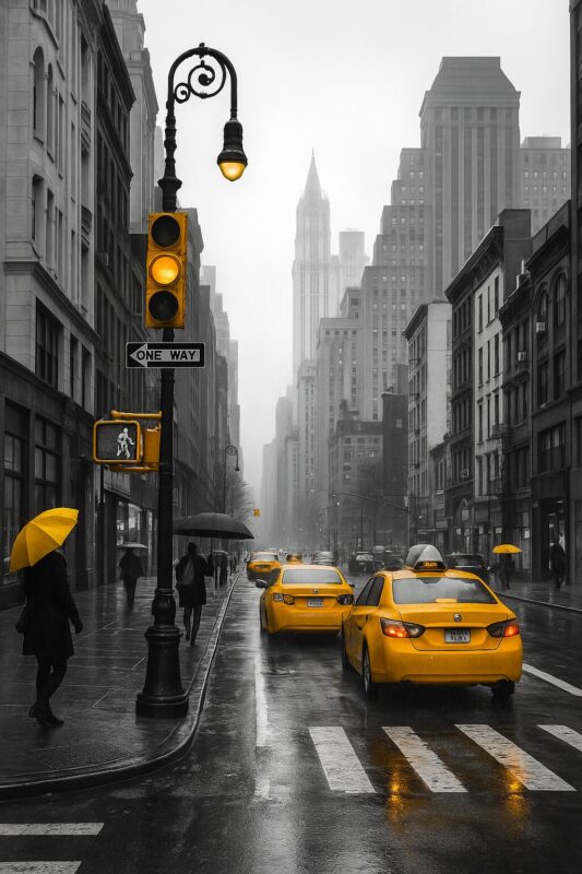 Gule taxaer kører på en regnvejrsdag i New York City med en person med en gul paraply.