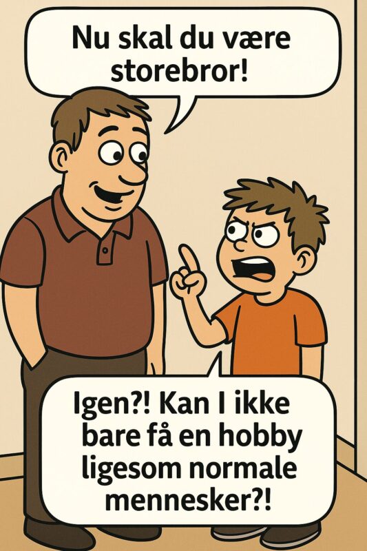 En far taler med sin søn, der ser frustreret ud over en samtale om at blive storebror.