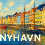 Farverig maleri af Nyhavn med både og bygninger langs kanalen i København.