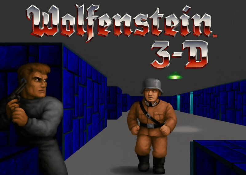 Illustration fra videospillet Wolfenstein 3D med karakterer i en labyrintisk gang.