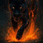 Sort panter, der bevæger sig gennem flammer med lysende øjne og en intens udtryk.