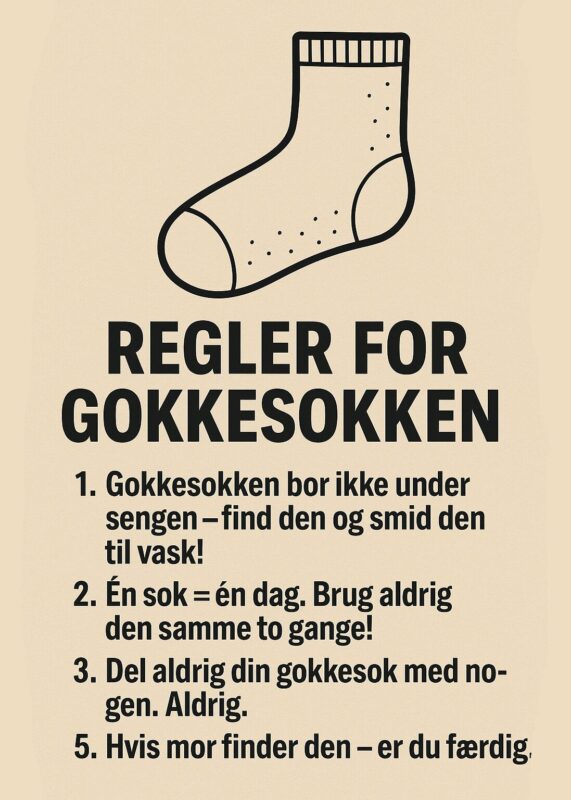 Illustration af en sok med tekst om regler for gokkesokken.