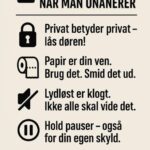 Illustration med regler for privatliv ved onani, herunder lås døren og smid papir ud.