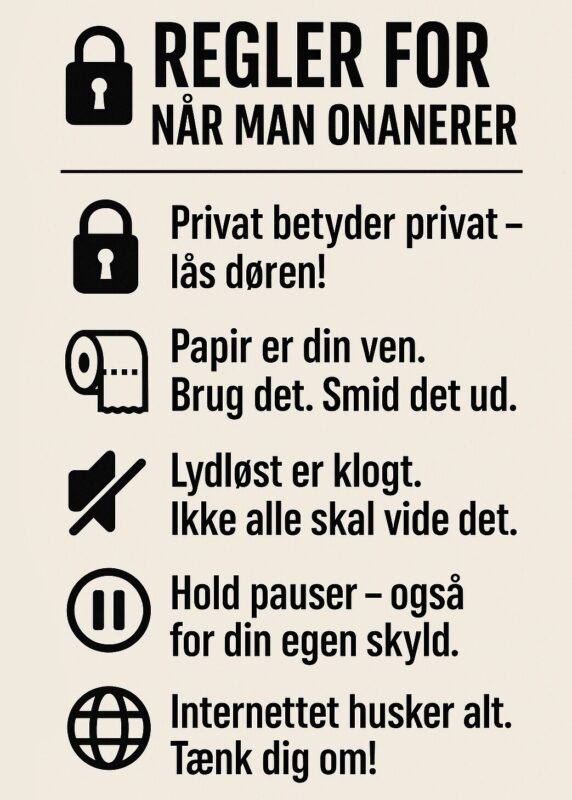 Illustration med regler for privatliv ved onani, herunder lås døren og smid papir ud.