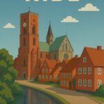Illustration af Ribe med en kirke og røde bygninger langs en kanal.