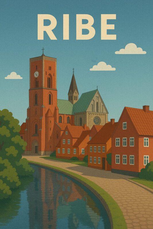 Illustration af Ribe med en kirke og røde bygninger langs en kanal.
