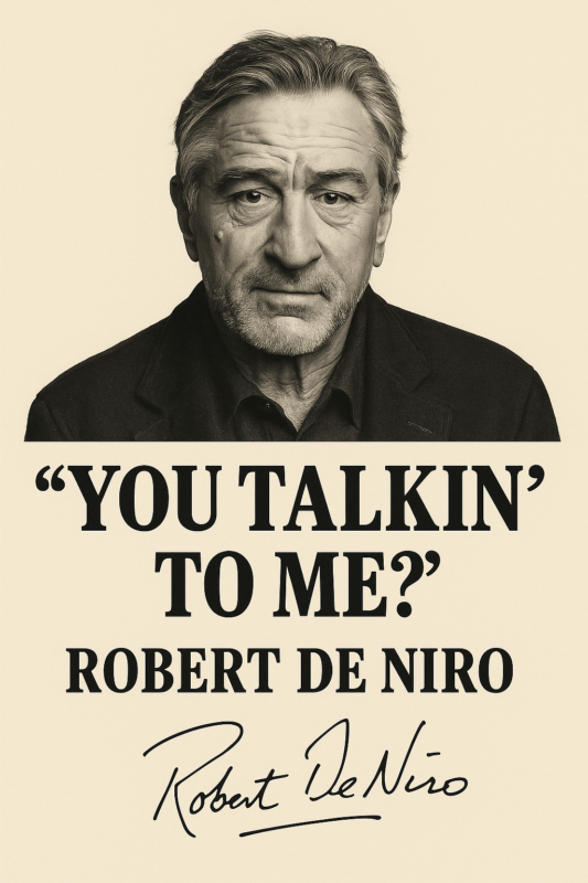 Sort-hvid portræt af Robert De Niro med citatet 'You Talkin' to Me?' under.