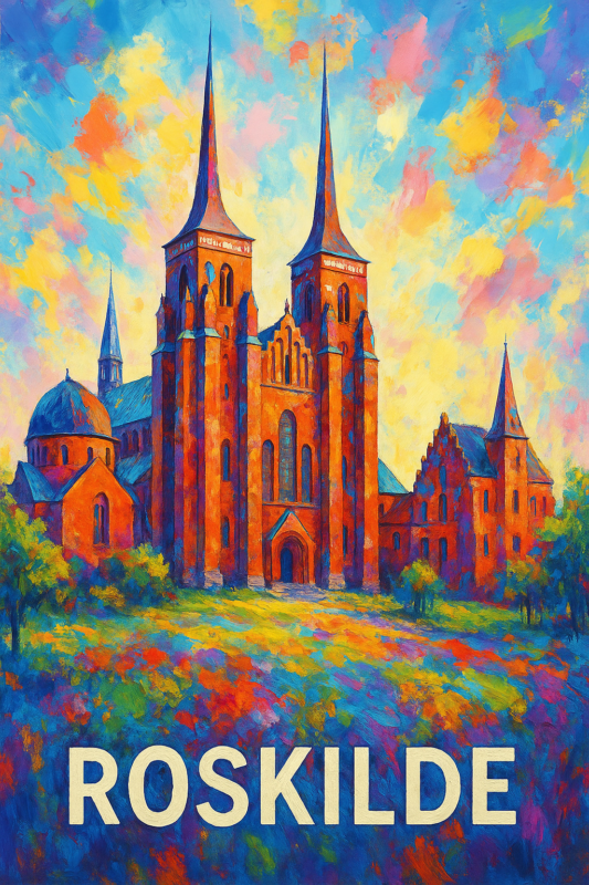 Farverigt maleri af Roskilde Domkirke med spidse tårne og blomster i forgrunden.