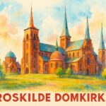 A watercolor painting of Roskilde Cathedral featuring its distinctive towers and architectural details.