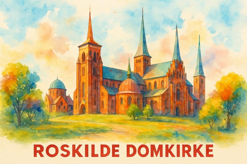 A watercolor painting of Roskilde Cathedral featuring its distinctive towers and architectural details.