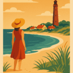 Illustration af en kvinde i rød kjole ved stranden i Skagen med fyrtårn i baggrunden.