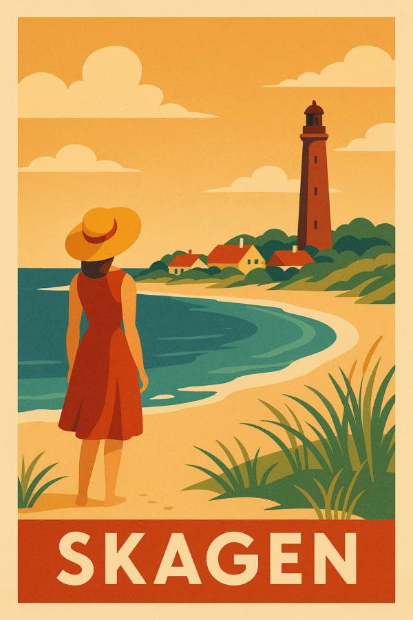 Illustration af en kvinde i rød kjole ved stranden i Skagen med fyrtårn i baggrunden.