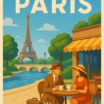 Illustration af et par, der sidder ved et cafébord i Paris med Eiffeltårnet i baggrunden.
