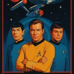 Illustration af tre karakterer fra Star Trek med rumskibet USS Enterprise i baggrunden.