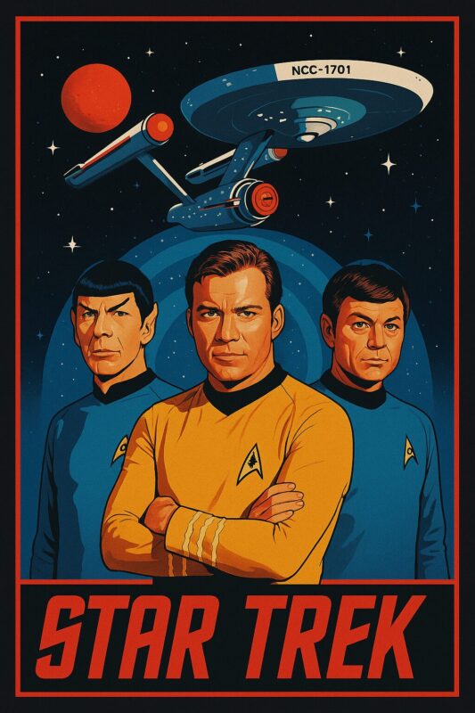 Illustration af tre karakterer fra Star Trek med rumskibet USS Enterprise i baggrunden.