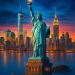 Statue of Liberty med flamme i hånden, stående på en sokkel i New York.