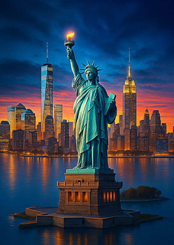 Statue of Liberty med flamme i hånden, stående på en sokkel i New York.