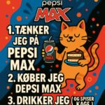 Illustration af en kat, der holder en Pepsi Max og en kage med tekst om drikkevaner.