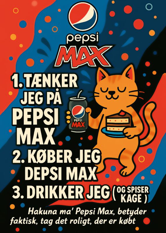 Illustration af en kat, der holder en Pepsi Max og en kage med tekst om drikkevaner.
