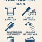 Illustration af regler for teenagere i badeværelset med ikoner og tekst.