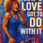 Maleri af en kvinde, der synger med teksten 'What's Love Got to Do with It' i baggrunden.