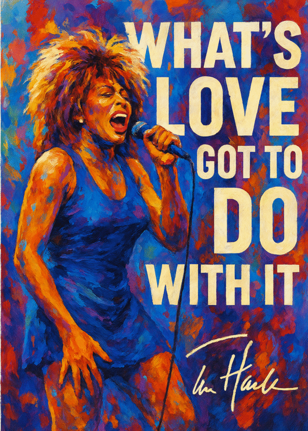 Maleri af en kvinde, der synger med teksten 'What's Love Got to Do with It' i baggrunden.