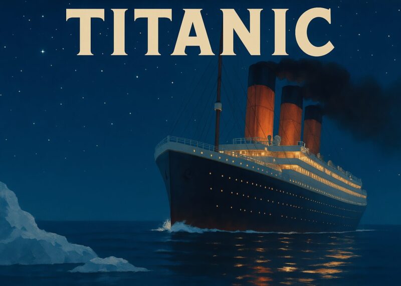 Illustration af Titanic skibet med røg fra skorstenene på en nattehimmel.
