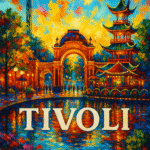 Farverigt maleri af Tivoli med en pagode og en lysende himmel i baggrunden.