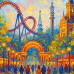 Farverigt maleri af Tivoli Forlystelsespark med en rutsjebane og bygninger i baggrunden.