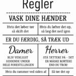 Plakat med toiletregler, herunder instruktioner om håndvask og adfærd for damer og herrer.