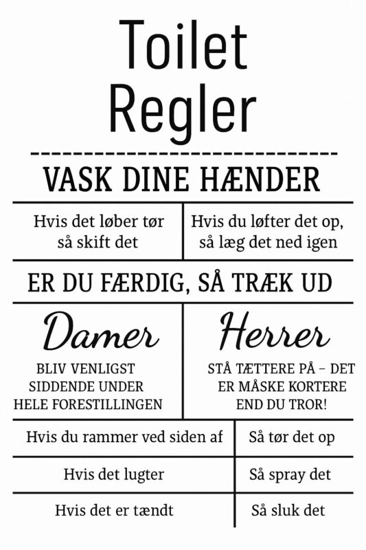 Plakat med toiletregler, herunder instruktioner om håndvask og adfærd for damer og herrer.