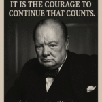 Sort-hvidt portræt af Winston Churchill med et citat om succes og mod.