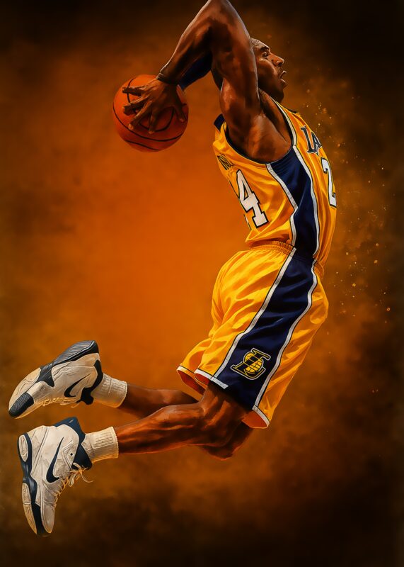 Basketballspiller i gul og blå uniform, der hopper og holder en basketball.