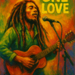 Maleri af Bob Marley, der synger med guitar og mikrofon, med teksten 'One Love' i baggrunden.