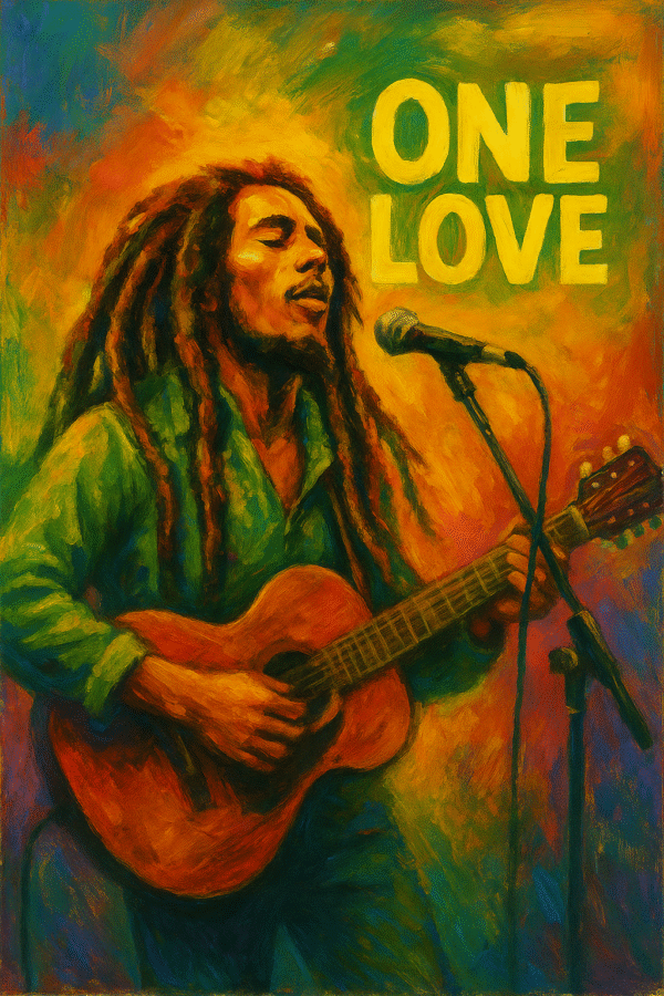 Maleri af Bob Marley, der synger med guitar og mikrofon, med teksten 'One Love' i baggrunden.