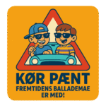 Bumper sticker med illustration af to børn i en bil, der smiler og holder is.