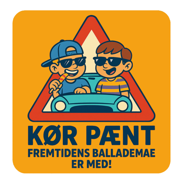 Bumper sticker med illustration af to børn i en bil, der smiler og holder is.