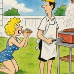 En kvinde i blå badedragt beder en mand i forklæde om mad ved grillen.