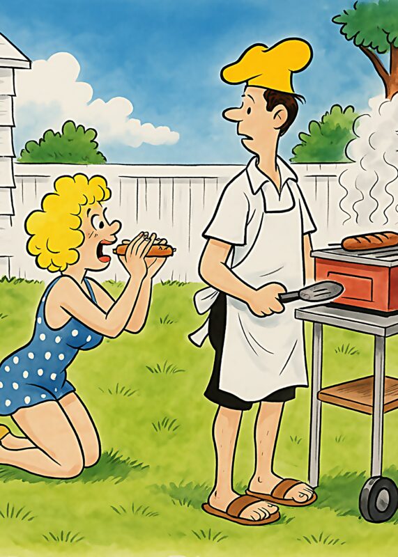 En kvinde i blå badedragt beder en mand i forklæde om mad ved grillen.