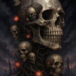 Illustration of a large skull surrounded by smaller skulls and dark vines.