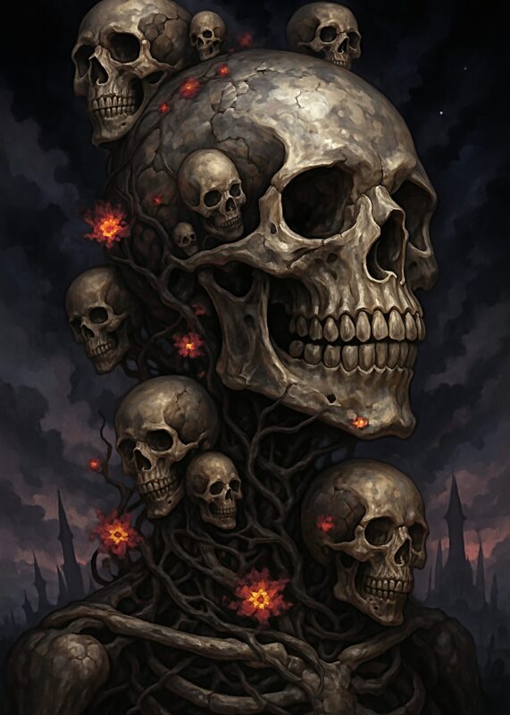 Illustration of a large skull surrounded by smaller skulls and dark vines.