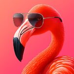 En flamingo iført solbriller med en rød og rosa baggrund.