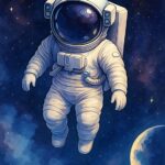 Illustration af en astronaut svævende i rummet med stjerner og en planet i baggrunden.