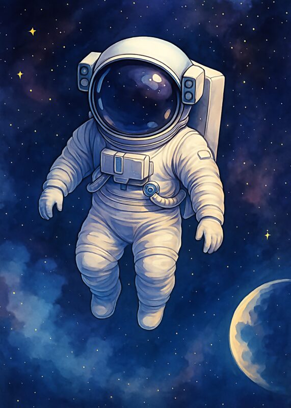 Illustration af en astronaut svævende i rummet med stjerner og en planet i baggrunden.