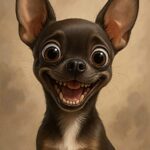 En glad Chihuahua med store øjne og et stort smil, der viser tænderne.