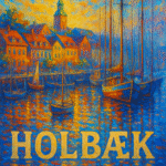 Farverigt maleri af Holbæk Havn med sejlskibe og bygninger i baggrunden.
